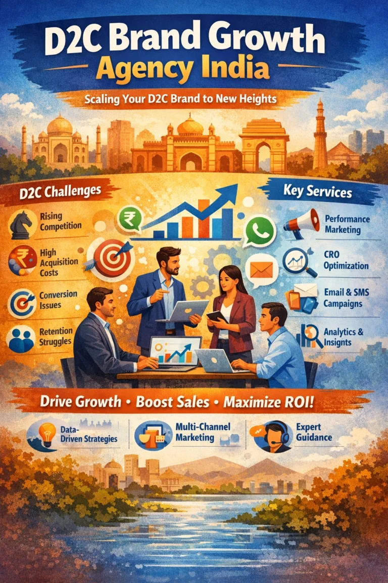 Infographic explaining services of a D2C brand growth agency in India including performance marketing, analytics, and retention marketing.