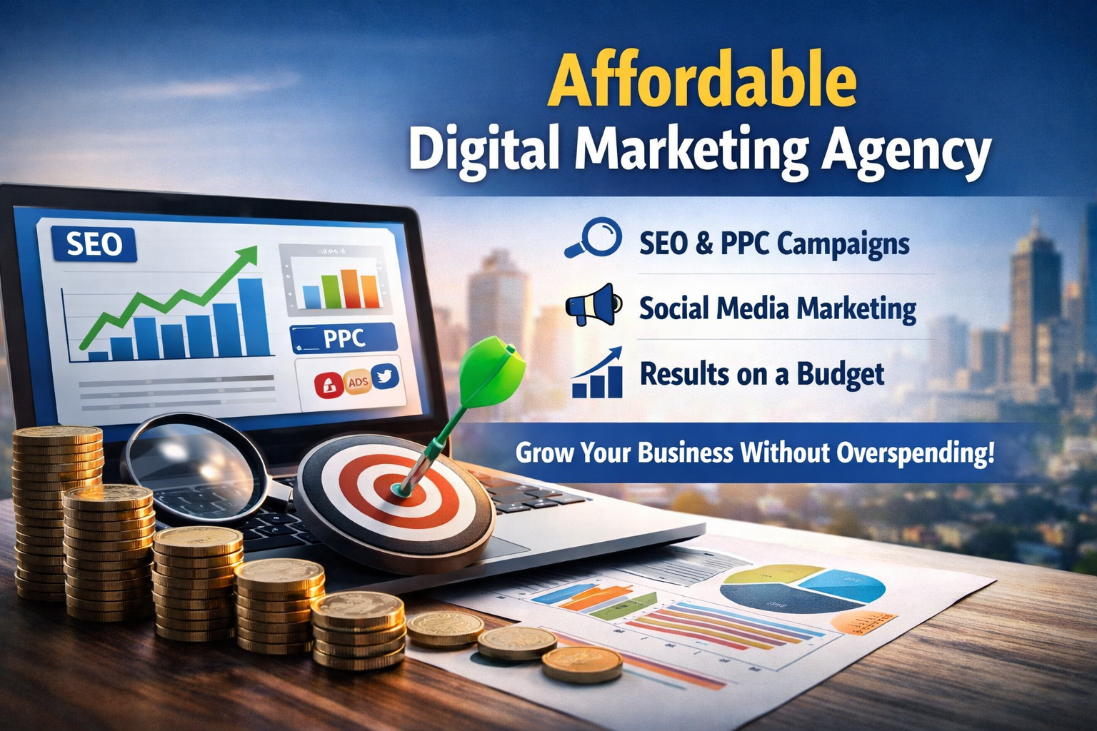 Affordable digital marketing agency banner showing a laptop with SEO and PPC growth charts, coins and a target symbolizing budget efficiency, and text highlighting SEO, PPC, social media marketing, and results on a budget.