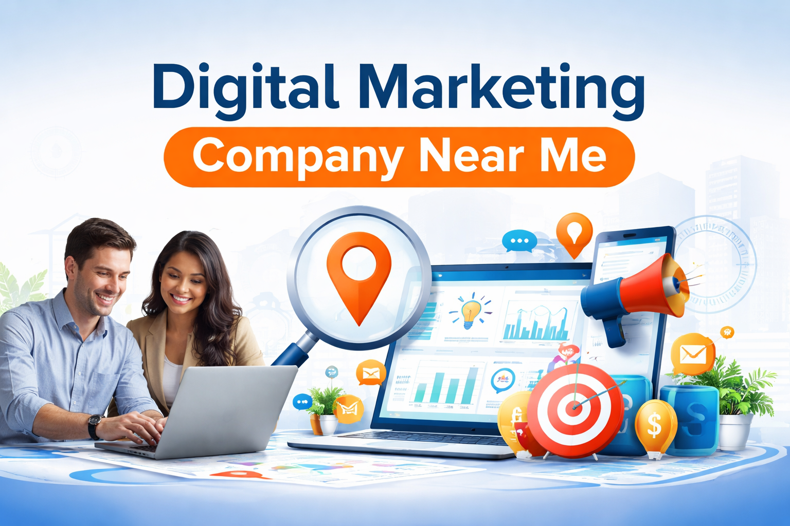 Digital marketing company near me banner showing professionals using a laptop, analytics dashboard, magnifying glass with location pin, and icons for SEO, PPC, and social media marketing