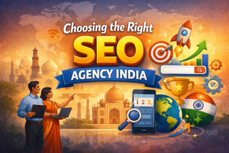 Illustration showing “Choosing the Right SEO Agency India” with Taj Mahal background, business professionals, and SEO icons like rocket, target, search bar, and growth chart.