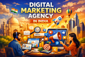 Digital marketing agency in India with SEO, social media, and business growth strategy illustration