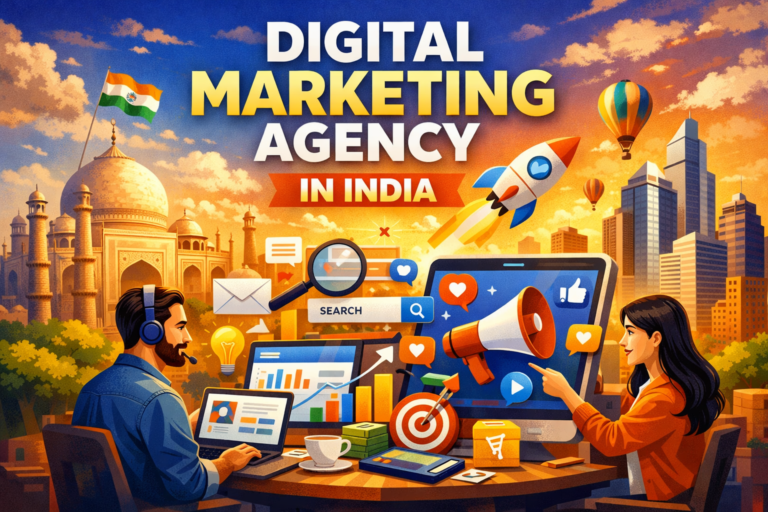 Digital marketing agency in India with SEO, social media, and business growth strategy illustration