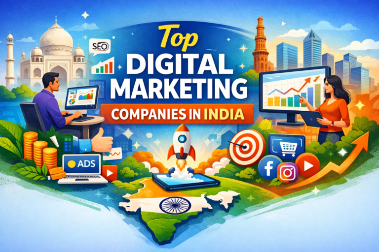 Illustration of top digital marketing companies in India with SEO charts, ads, social media icons, rocket growth, and professionals analyzing business performance data