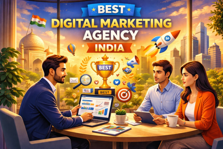 Illustration of a business meeting showcasing the best digital marketing agency in India, with professionals discussing analytics on a laptop, a trophy labeled “Best,” and icons representing SEO, social media, and online growth.
