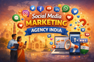 Illustration of social media marketing agency India showing Taj Mahal backdrop, people using smartphones, social media icons, analytics dashboard, and digital marketing tools.