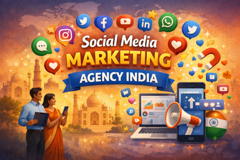 Illustration of social media marketing agency India showing Taj Mahal backdrop, people using smartphones, social media icons, analytics dashboard, and digital marketing tools.