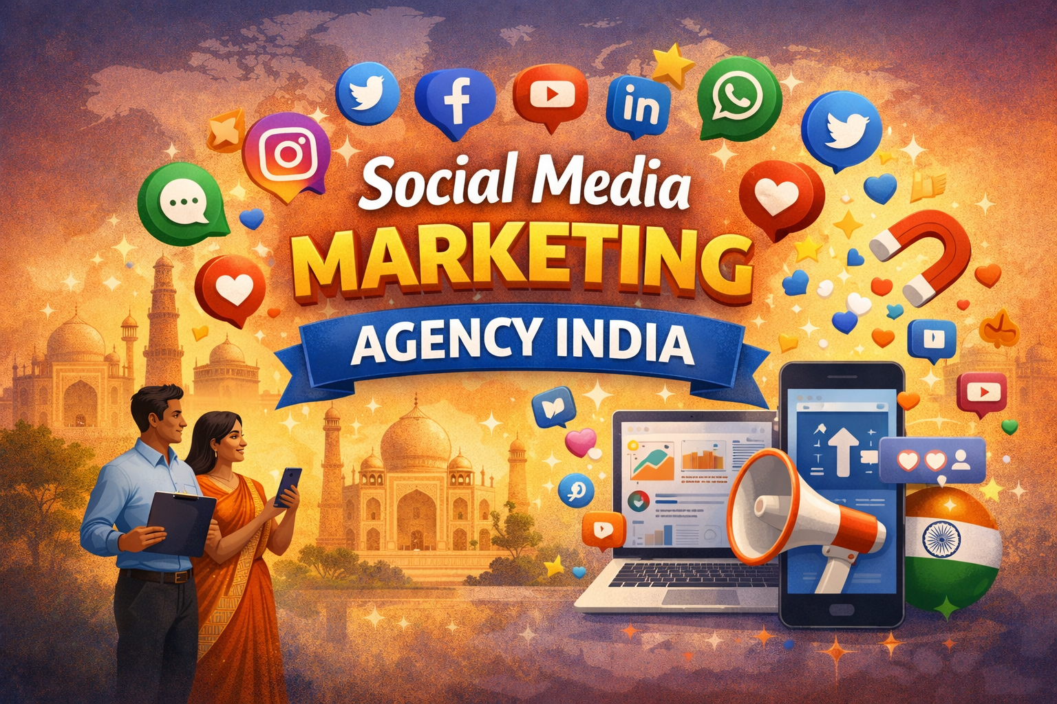 Illustration of social media marketing agency India showing Taj Mahal backdrop, people using smartphones, social media icons, analytics dashboard, and digital marketing tools.