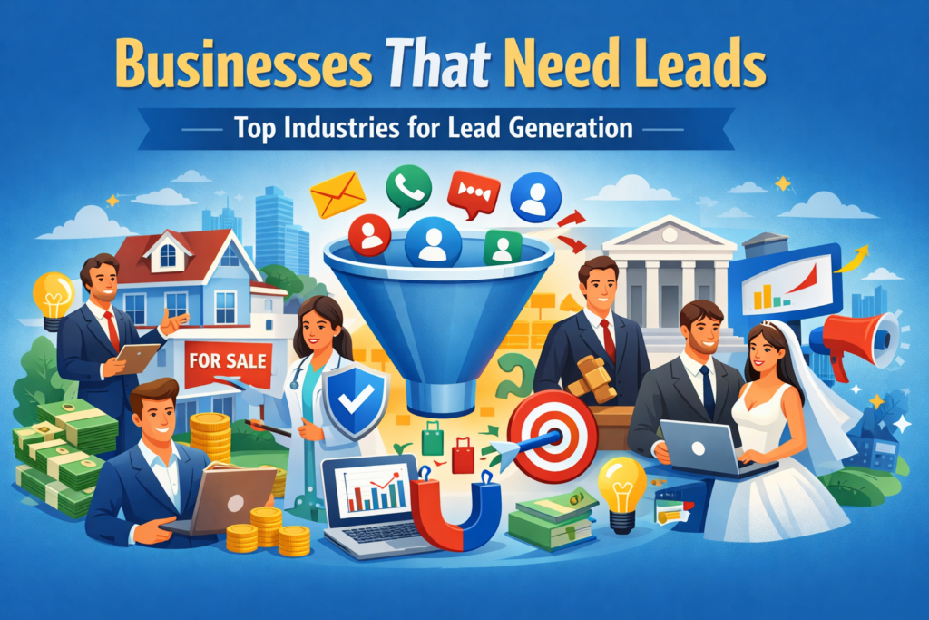 Showing various industries that rely on lead generation, including real estate, healthcare, legal services, finance, and marketing, with a central funnel capturing leads through digital channels like email, calls, and social media, surrounded by business professionals, analytics tools, and conversion symbols.