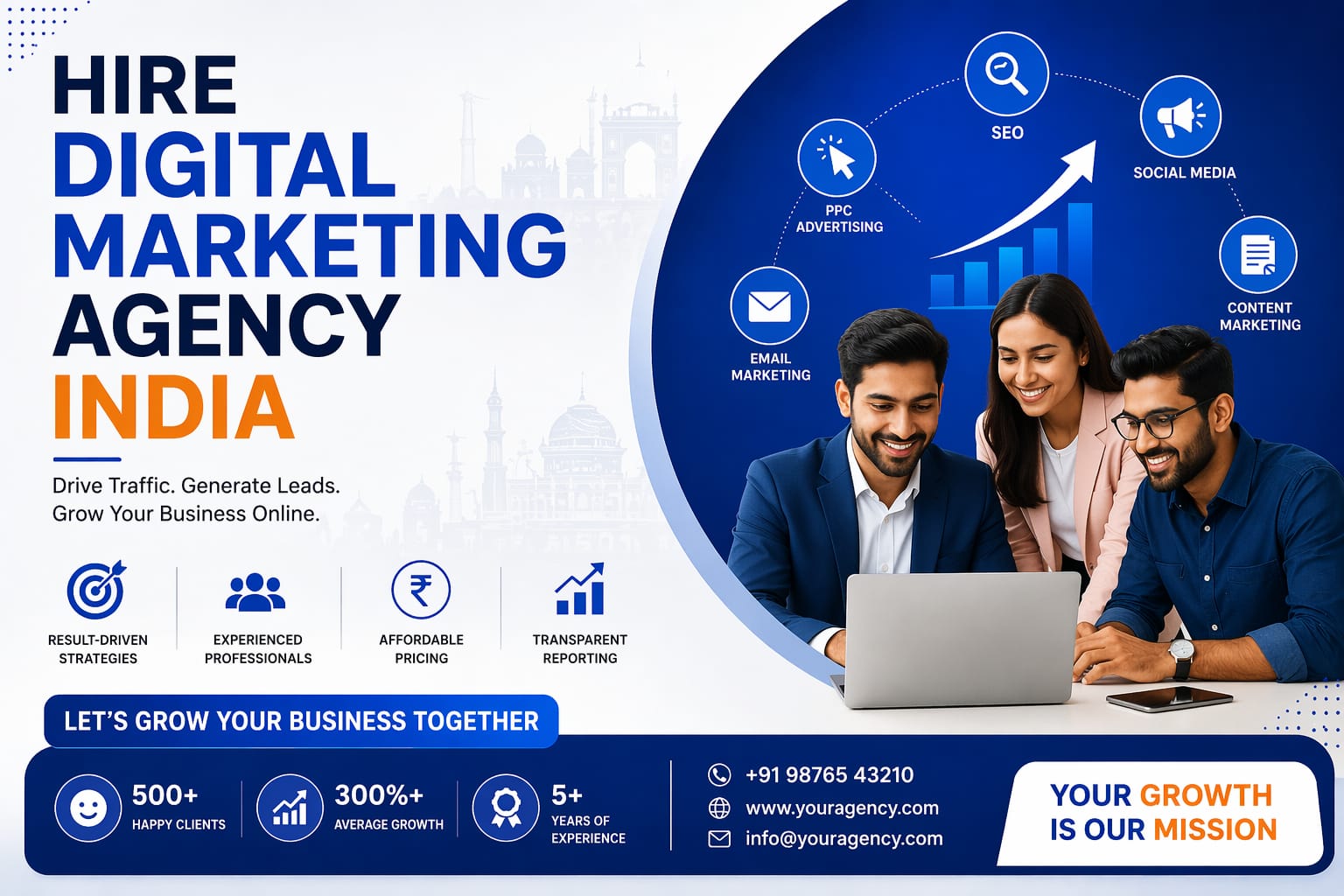Hire a digital marketing agency in India banner showing a team working on a laptop with icons for SEO, PPC, social media, email, and content marketing, highlighting business growth, lead generation, and affordable services.