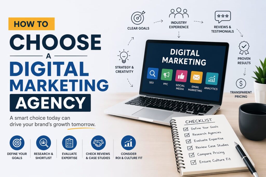 How to choose a digital marketing agency with checklist, laptop showing SEO, PPC, social media, email marketing and analytics