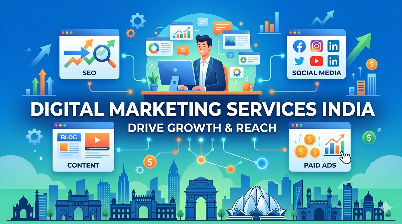 Digital marketing services India illustration showing SEO, social media, content, and paid ads for business growth