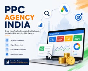 PPC agency India banner showing Google Ads campaign dashboard with clicks, conversions, ROI metrics, and targeted advertising benefits for business growth