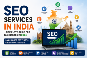 SEO Services in India 2026 guide banner showing digital marketing concept with India map, SEO growth charts on laptop screen, icons for keyword research, link building, on-page SEO, local SEO, and analytics, representing business growth through search engine optimization.