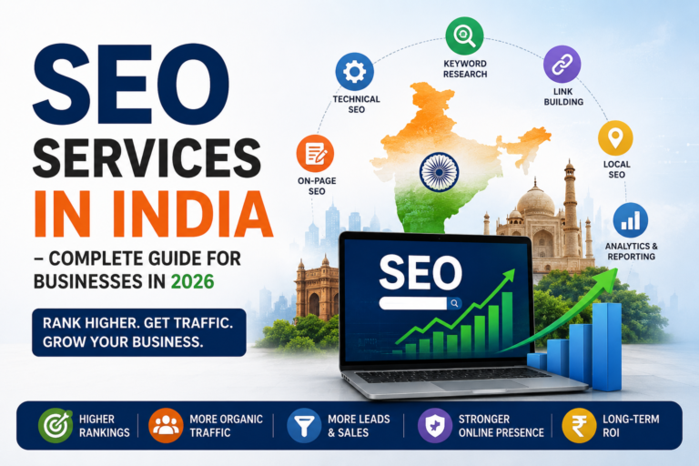 SEO Services in India 2026 guide banner showing digital marketing concept with India map, SEO growth charts on laptop screen, icons for keyword research, link building, on-page SEO, local SEO, and analytics, representing business growth through search engine optimization.
