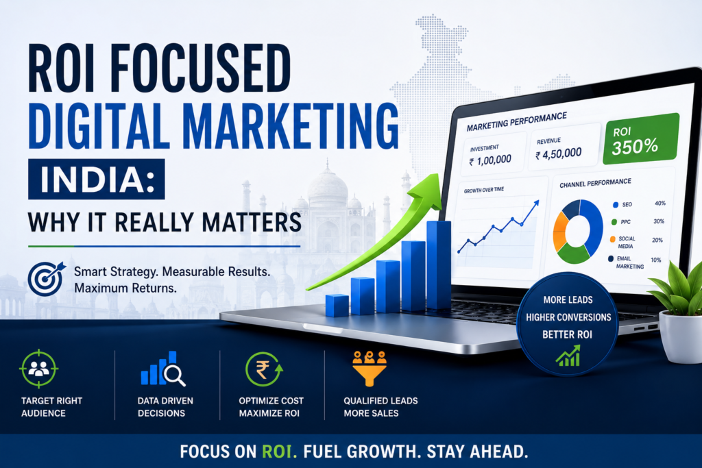 ROI focused digital marketing in India showing business growth analytics, marketing ROI metrics, lead generation performance, and data-driven marketing strategies.