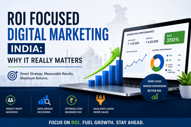 ROI focused digital marketing in India showing business growth analytics, marketing ROI metrics, lead generation performance, and data-driven marketing strategies.